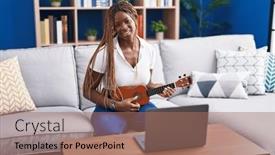  Presentation with ukulele - Presentation theme with african-american-woman-having-online background and a coral colored foreground