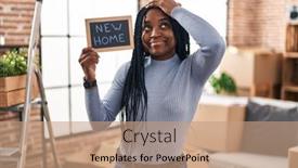  Presentation with new home - Theme consisting of african-american-woman-holding-blackboard background and a  colored foreground