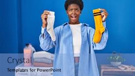  Presentation with socks - Presentation theme with african-american-woman-holding-clean background and a light blue colored foreground
