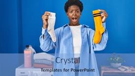  Presentation with socks - Presentation design enhanced with african-american-woman-holding-clean background and a light blue colored foreground