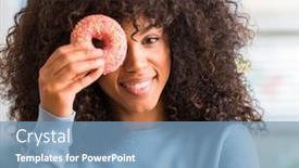  Presentation with smart home - Colorful presentation theme enhanced with african american woman holding donut at home with a confident expression on smart face thinking serious backdrop and a teal colored foreground