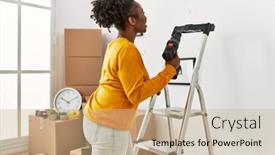  Presentation with african american church - PPT theme featuring african-american-woman-holding-drill background and a coral colored foreground