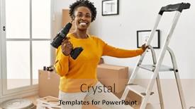  Presentation with african american startup - Theme featuring african-american-woman-holding-drill and a coral colored foreground