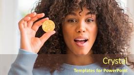  Presentation with golden woman - Slide set with african american woman holding golden bitcoin cryptocurrency at home scared in shock with a surprise face afraid and excited with fear expression background and a tawny brown colored foreground