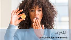  Presentation with golden woman - Slide deck enhanced with african american woman holding golden bitcoin cryptocurrency at home cover mouth with hand shocked with shame for mistake expression of fear scared in silence secret concept background and a light blue colored foreground