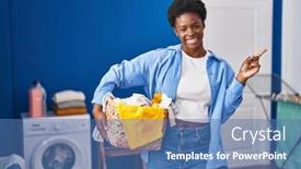  Presentation with laundry - Slide deck featuring african-american-woman-holding-laundry background and a teal colored foreground