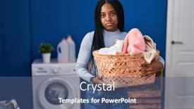  Presentation with laundry - Presentation theme with african-american-woman-holding-laundry background and a ocean colored foreground
