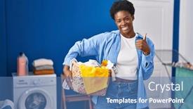  Presentation with laundry - PPT theme consisting of african-american-woman-holding-laundry background and a teal colored foreground