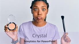  Presentation with blush - Cool new slide deck with african-american-woman-holding-makeup backdrop and a light blue colored foreground