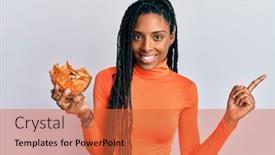  Presentation with potato chips - Presentation design consisting of african-american-woman-holding-nachos background and a red colored foreground