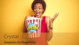  Presentation with victory - Presentation enhanced with african american woman holding pack of popcorn over yellow isolated background very happy and excited winner expression celebrating victory screaming with big smile and raised hands background and a gold colored foreground