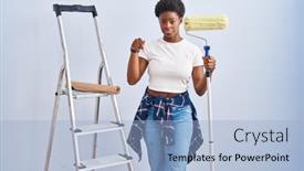  Presentation with woman sad - Presentation theme featuring african-american-woman-holding-roller background and a light blue colored foreground