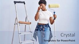  Presentation with headache - Presentation design having african-american-woman-holding-roller background and a light blue colored foreground