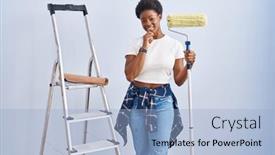  Presentation with african american woman question - Slide set with african-american-woman-holding-roller background and a light blue colored foreground