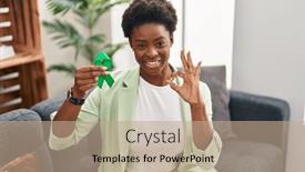  Presentation with ribbon green - PPT layouts enhanced with african-american-woman-holding-support background and a coral colored foreground