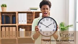  Presentation with clock - Presentation theme with african-american-woman-holding background and a  colored foreground