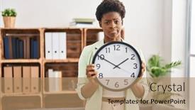  Presentation with clock - PPT theme with african-american-woman-holding background and a  colored foreground