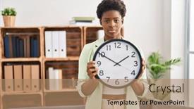  Presentation with clock face - Presentation design with african-american-woman-holding background and a coral colored foreground