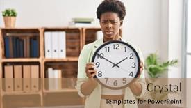  Presentation with clock - PPT theme with african-american-woman-holding background and a coral colored foreground
