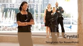  Presentation with african american business - PPT theme featuring african american woman in front of a business team background and a coral colored foreground