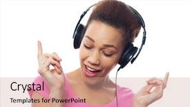  Presentation with american music - Audience pleasing PPT theme consisting of african american woman listening backdrop and a coral colored foreground