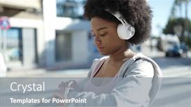  Presentation with african music - PPT theme with african-american-woman-listening background and a gray colored foreground