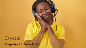  Presentation with american music - Presentation theme having african-american-woman-listening background and a gold colored foreground