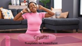  Presentation with american music - Presentation theme with african-american-woman-listening background and a coral colored foreground