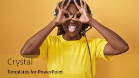  Presentation with american music - Slide deck with african-american-woman-listening background and a gold colored foreground