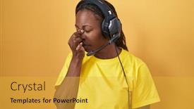  Presentation with american music - Presentation theme featuring african-american-woman-listening background and a yellow colored foreground