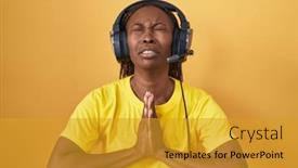  Presentation with american music - PPT layouts consisting of african-american-woman-listening background and a gold colored foreground