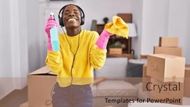  Presentation with american music - Slide deck with african-american-woman-listening background and a coral colored foreground