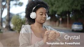  Presentation with african music - Presentation theme consisting of african-american-woman-listening background and a coral colored foreground