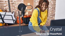  Presentation with american music - Presentation theme with african-american-woman-musician-composing background and a ocean colored foreground