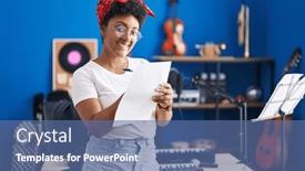  Presentation with american music - Presentation having african-american-woman-musician-composing background and a ocean colored foreground