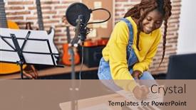  Presentation with american music - Slide deck having african-american-woman-musician-composing background and a coral colored foreground
