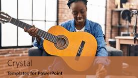  Presentation with classical guitar - Presentation design consisting of african-american-woman-musician-composing background and a coral colored foreground