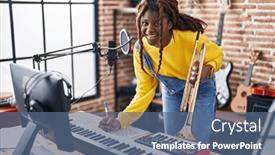  Presentation with trumpet - Theme with african-american-woman-musician-composing background and a ocean colored foreground