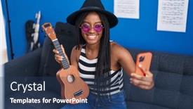  Presentation with ukulele - Theme consisting of african-american-woman-musician-holding background and a ocean colored foreground