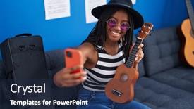  Presentation with ukulele - Presentation theme consisting of african-american-woman-musician-holding background and a navy blue colored foreground