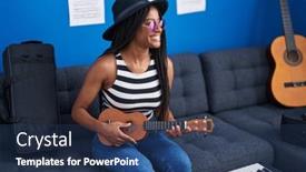  Presentation with ukulele - Slides with african-american-woman-musician-playing background and a ocean colored foreground