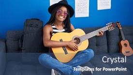  Presentation with classical guitar - PPT theme featuring african-american-woman-musician-playing background and a ocean colored foreground