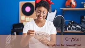  Presentation with american music - Slides having african-american-woman-musician-smiling background and a coral colored foreground