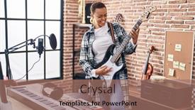  Presentation with electrical - PPT theme with african-american-woman-musician-smiling background and a coral colored foreground