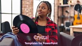  Presentation with music vinyl - Presentation design featuring african-american-woman-musician-smiling background and a  colored foreground