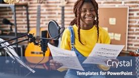  Presentation with music singing - PPT layouts enhanced with african-american-woman-musician-smiling background and a ocean colored foreground