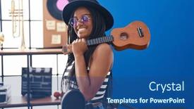  Presentation with ukulele - Slides having african-american-woman-musician-smiling background and a ocean colored foreground