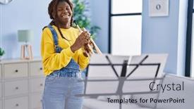  Presentation with trumpet - Presentation theme featuring african-american-woman-musician-smiling background and a light gray colored foreground