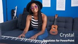  Presentation with american music - PPT layouts enhanced with african-american-woman-musician-smiling background and a ocean colored foreground