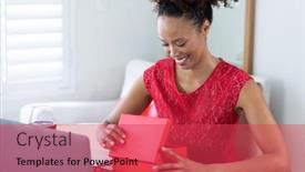  Presentation with online dating - Theme featuring african-american-woman-opening-gift background and a red colored foreground